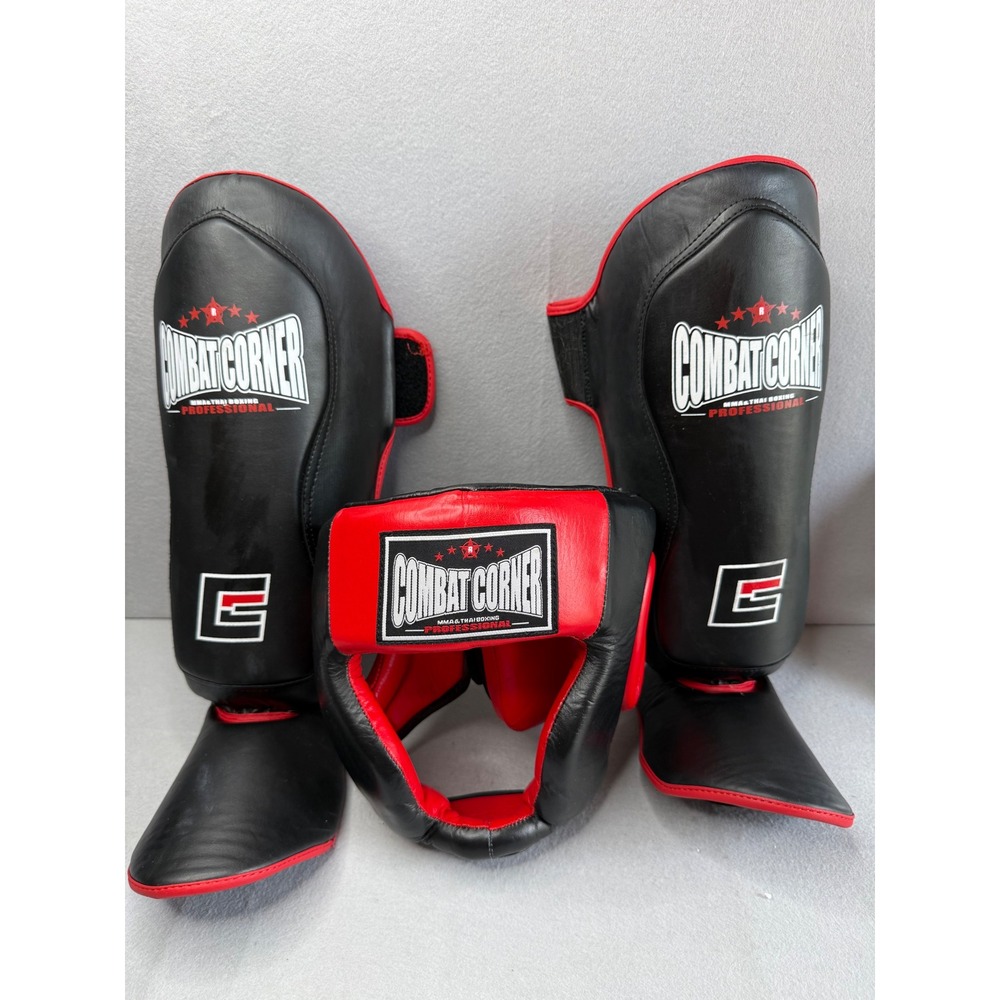 Combat Corner MMA Muay Thai Sparring Headguard Large & Shin Guards S/M Black Red